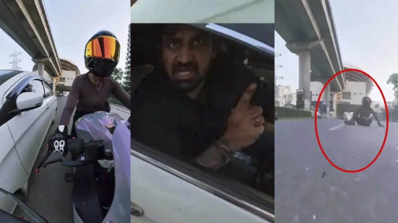 VIRAL: హైవేపై రెచ్చిపోయిన పోకిరీలు.. కారుతో మహిళా బైకర్‌ను ఢీకొట్టి పరార్!