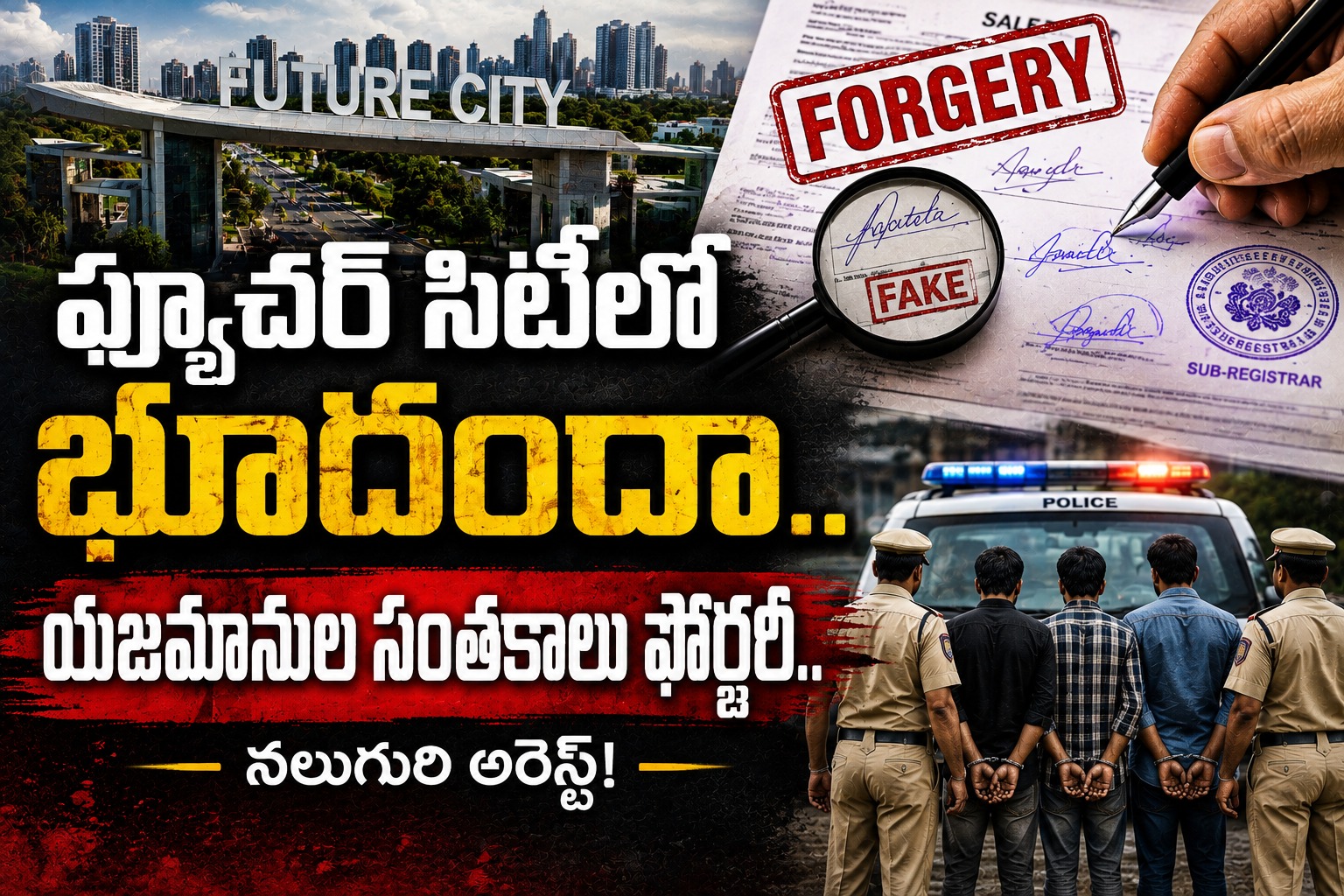 ఫ్యూచర్ సిటీలో భూదందా.. యజమానుల సంతకాలు ఫోర్జరీ.. నలుగురి అరెస్ట్!
