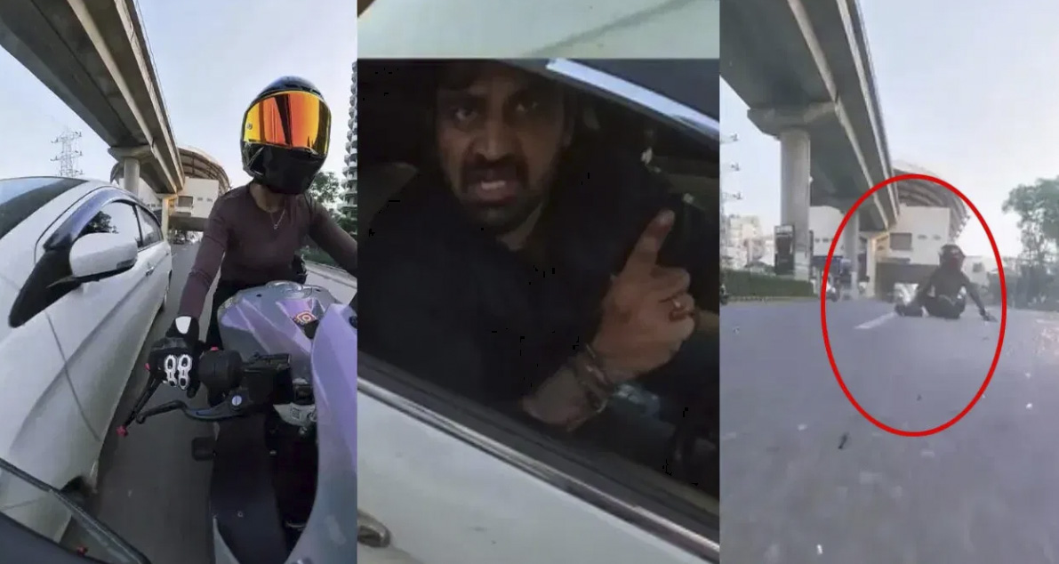 VIRAL: హైవేపై రెచ్చిపోయిన పోకిరీలు.. కారుతో మహిళా బైకర్‌ను ఢీకొట్టి పరార్!