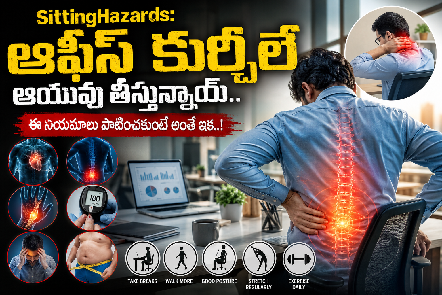 SittingHazards: ఆఫీస్ కుర్చీలే ఆయువు తీస్తున్నాయ్.. ఈ నియమాలు పాటించకుంటే అంతేఇక..!