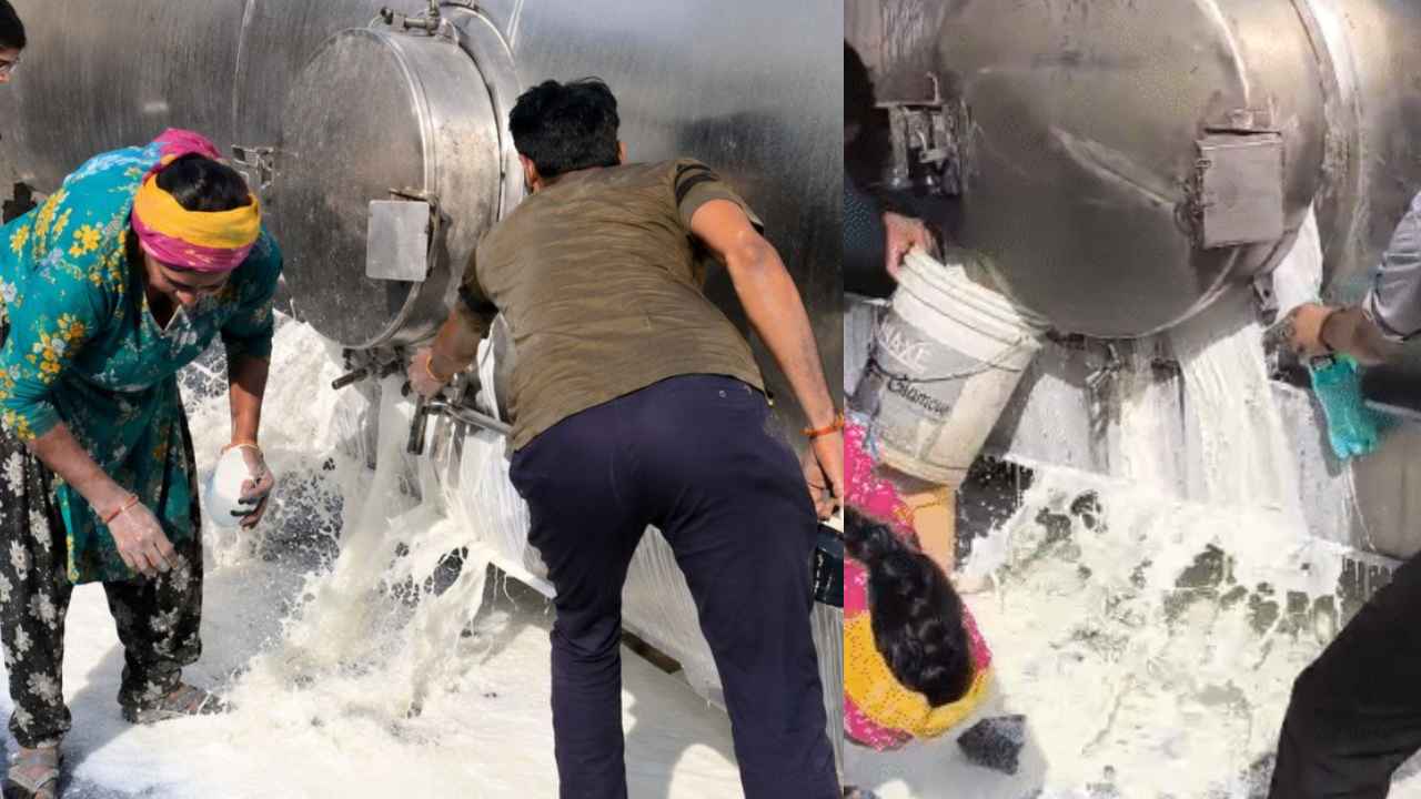 ఏం మనుషులు రా అయ్యా.. పాల ట్యాంకర్ బోల్తా.. ఎలా ఎగబడ్డారో చూడండి..