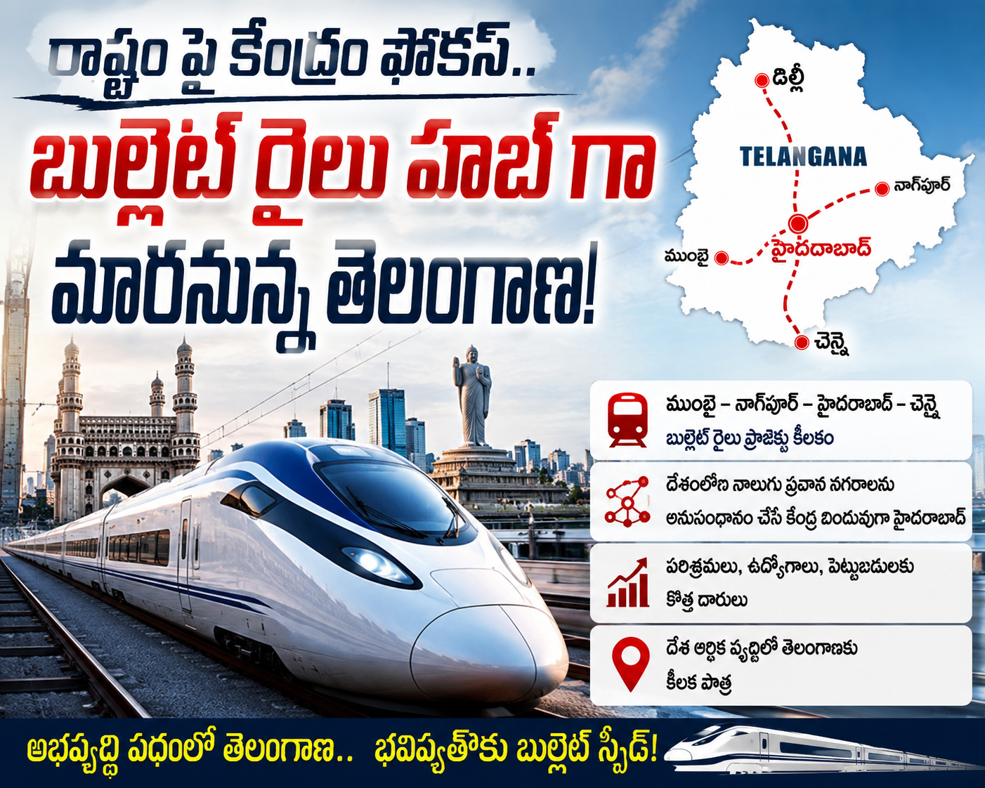 రాష్ట్రం పై కేంద్రం ఫోకస్.. బుల్లెట్ రైలు హబ్ గా మారనున్న తెలంగాణ!..