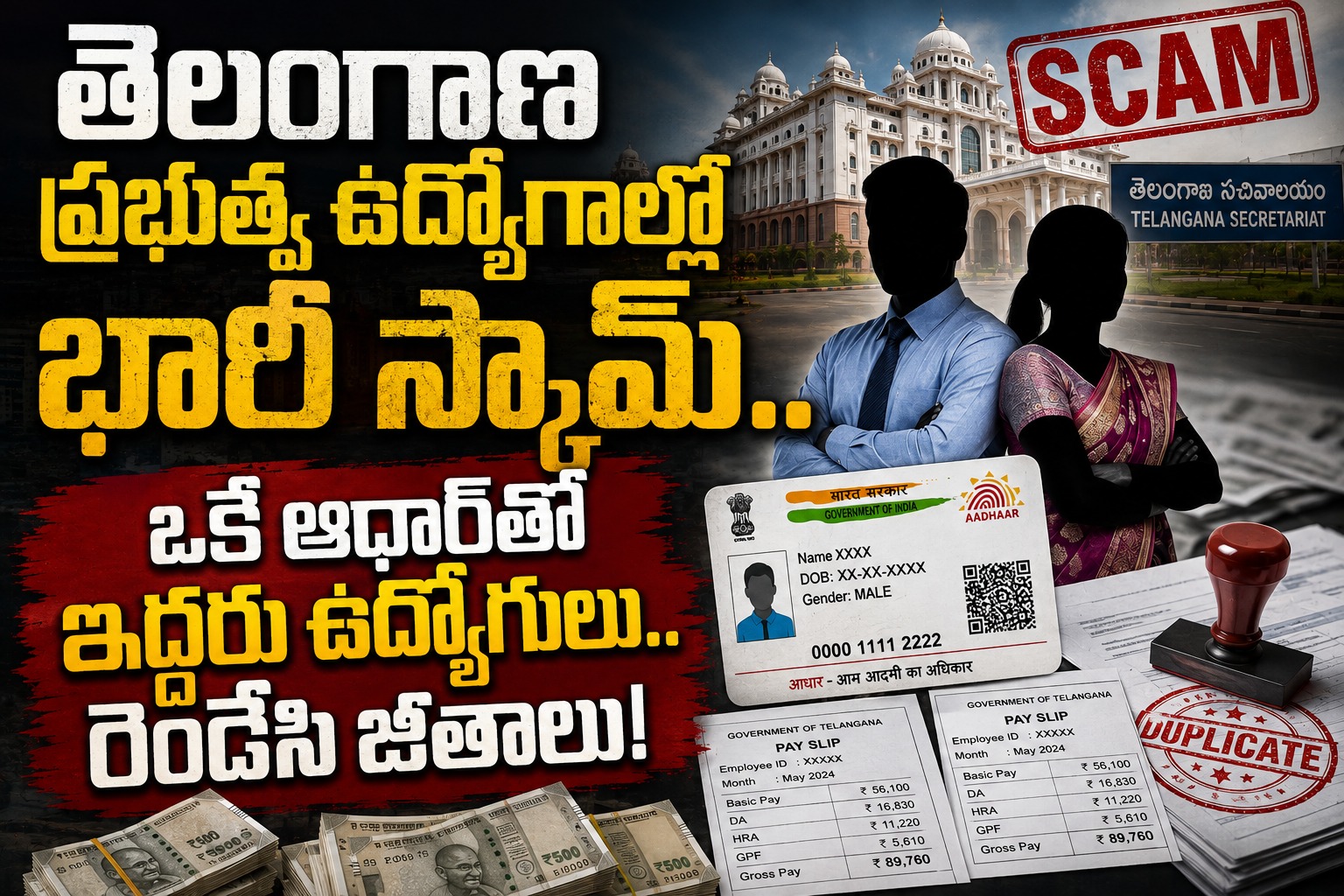 తెలంగాణ ప్రభుత్వ ఉద్యోగాల్లో భారీ స్కామ్.. ఒకే ఆధార్తో ఇద్దరు ఉద్యోగులు.. రెండేసి జీతాలు!